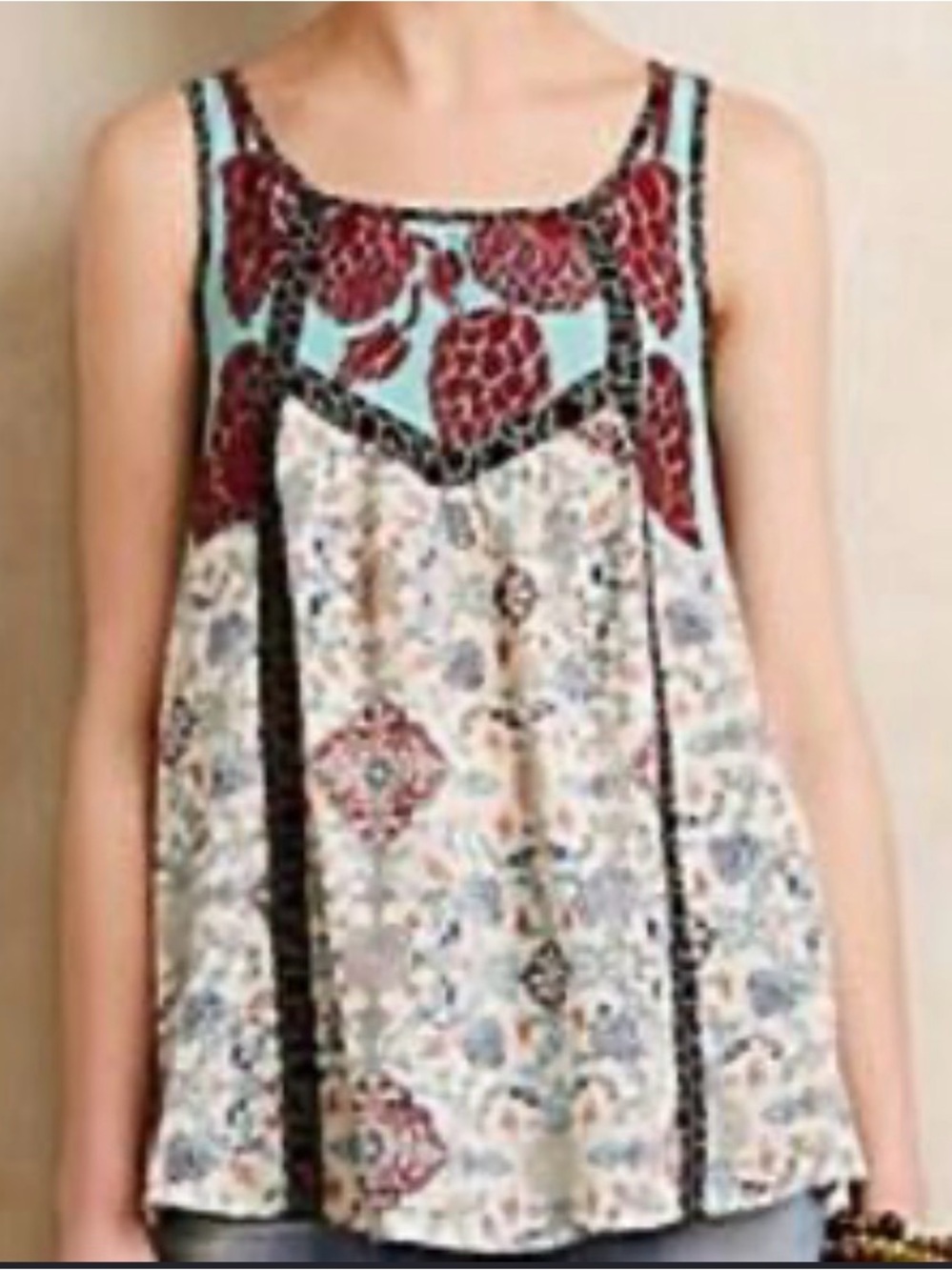 Floreat (Anthropologie) Blue and Burgundy Floral Print Sleeveless Blouse